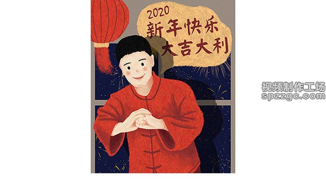 手绘中国风人物新年拜年场景元素-1