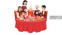 插画 手绘一家人吃年夜饭图片元素